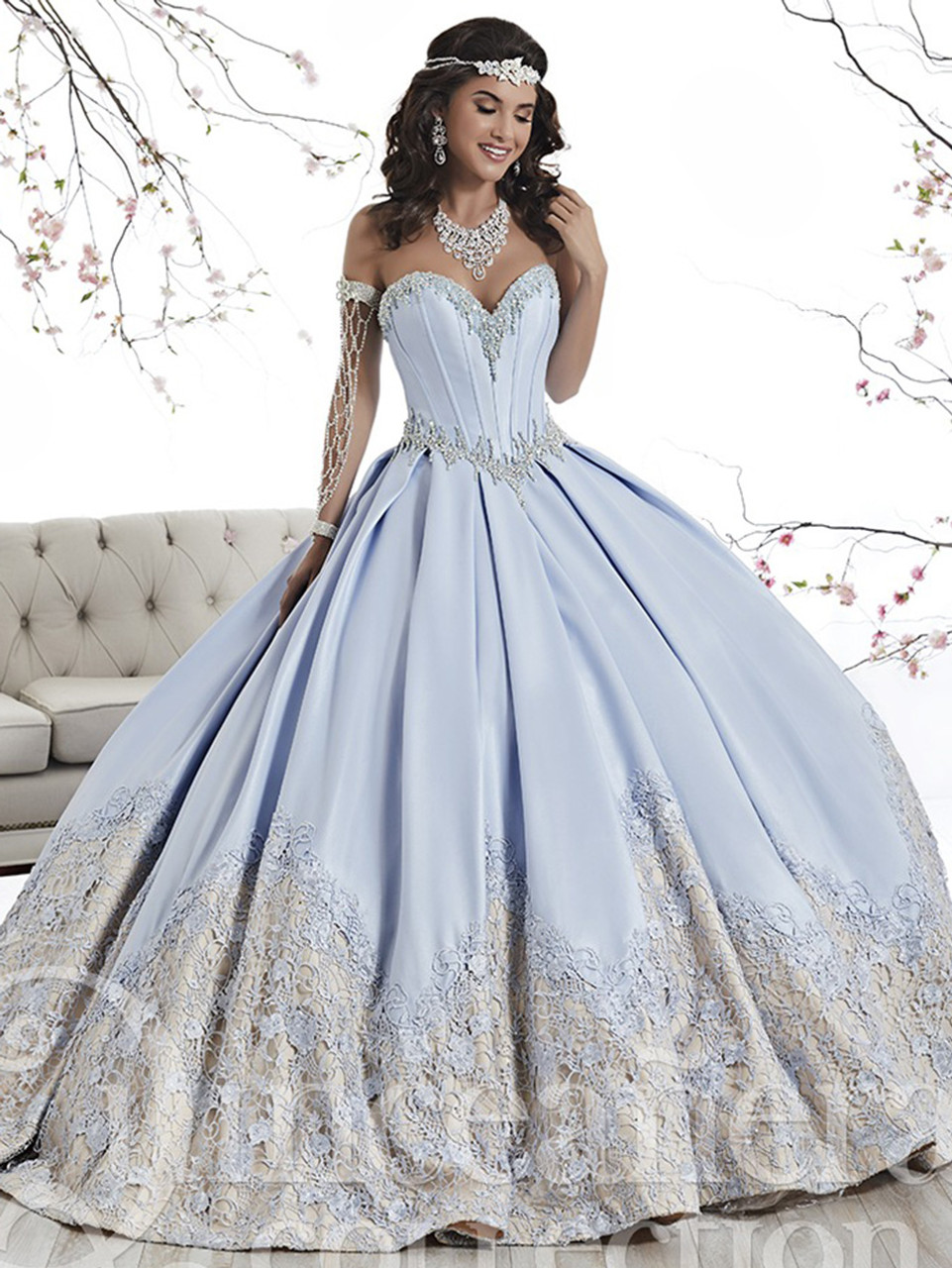 Dusty Blue Lace Ball Gown Puffy Quinceanera Dress